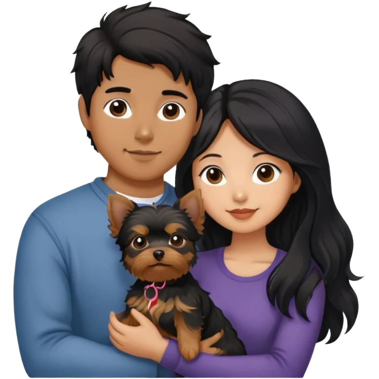 A couple holding a small Yorkshire Terrier together. The girl is Asian with long, luscious wavy black hair (loose, no hair tie). She is next to her boyfriend, a brown-skinned man with short middle part hair emoji