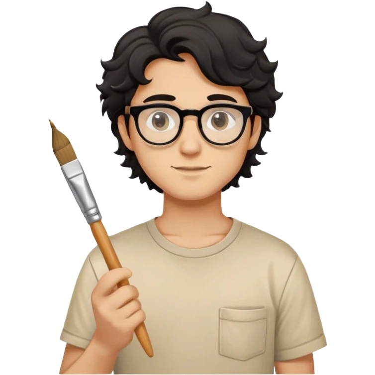 Young caucasian man with black wavy hair, round glasses, beige painting shirt, holding a square paintbrush emoji