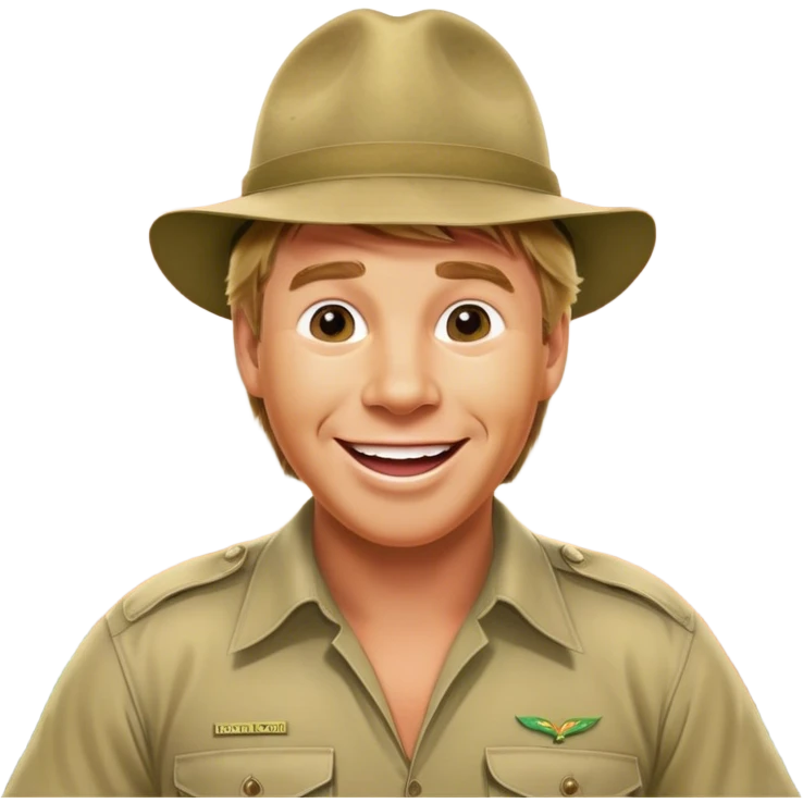 Cinematic Realistic Steve Irwin Portrait Emoji, depicted as a passionate wildlife expert in his signature khaki attire with an enthusiastic smile and a backdrop of the Australian outback, rendered with vibrant textures and dynamic natural lighting that captures his adventurous spirit. emoji