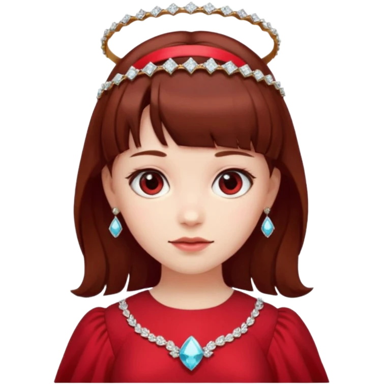   فرشته با موی چتری و لباس قرمز و موی خرمایی تیره و سربند یاقوت و الماس emoji