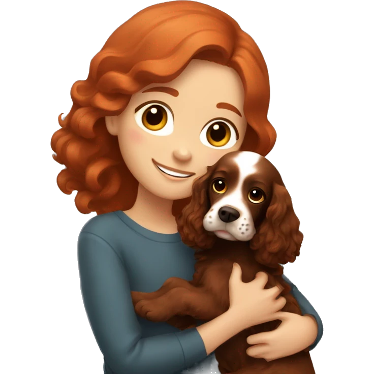 A very cute girl with red hair cuddling a happy all-brown English Cocker Spaniel. emoji