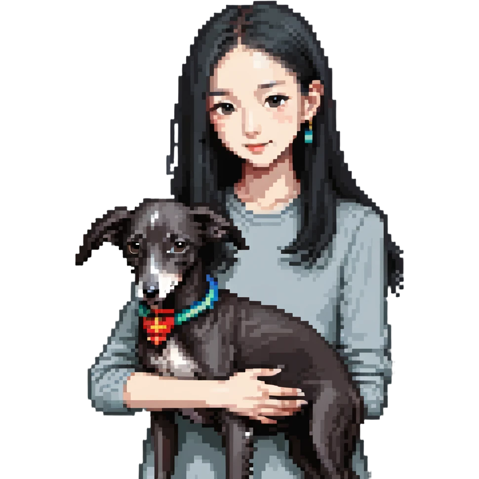 Slim Chinese girl with long black hair petting a completely solid dark grey Italian greyhound with absolutely no white anywhere on its body emoji