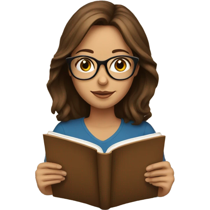 Brown haired woman reading a book with glasses emoji