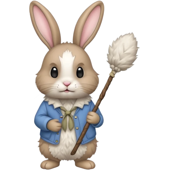 A fluffy rabbit with messy fur, carrying a patched little pouch tied to a stick, ears drooping but expression soft.
 emoji