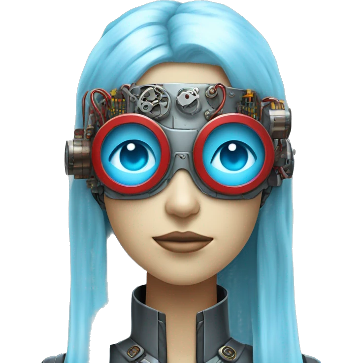 Light blue long hair female cyborg head with red steampunk goggles and circuits emoji