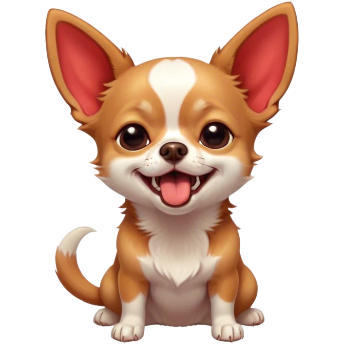 Cinematic Cute Yawning Red/White Short Haired Chihuahua Portrait Emoji, Head tilted slightly with a dramatic, wide-open yawn, soft red and white fur with a smooth texture, floppy ears slightly drooping, round dark eyes barely open in drowsy contentment, Simplified yet irresistibly adorable features, highly detailed, glowing with a soft, cozy glow, high shine, relaxed yet expressive, stylized with a touch of whimsy, bright and endearing, soft glowing outline, capturing the essence of a sleepy yet affectionate pup, so drowsy it feels like it could stretch right out of the screen and curl up for a nap! emoji