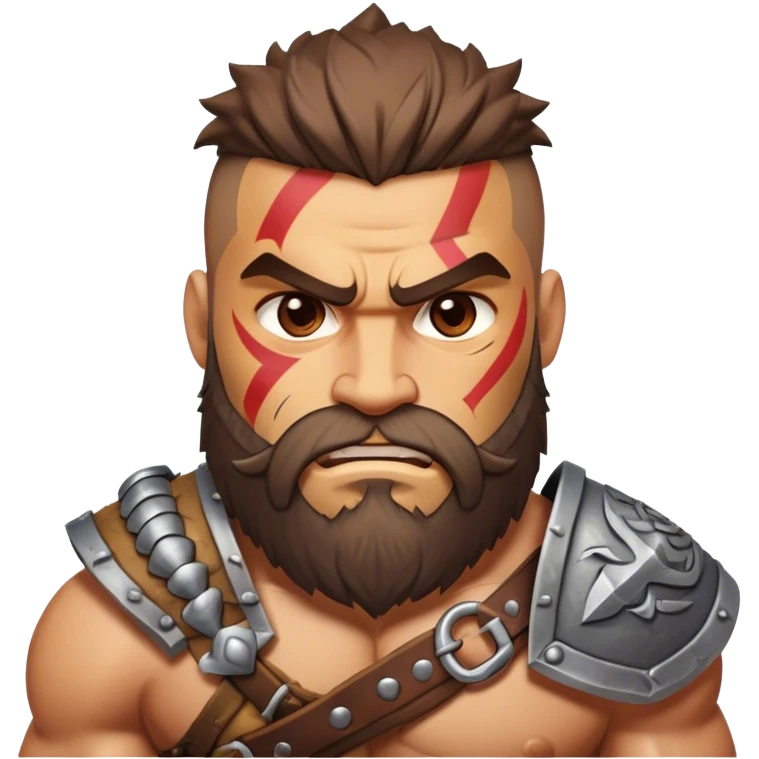 Clash of Clans aesthetic: Cinematic Rugged Barbarian Portrait Emoji, Intense and formidable with a heavily muscled physique, a rugged beard, piercing eyes, and battle-worn armor adorned with tribal markings, his expression fierce and resolute, Simplified yet powerfully detailed features, highly detailed, glowing with a deep, primal energy, high shine, gritty and uncompromising, stylized with an air of raw, untamed power, focused and determined, soft glowing outline, capturing the essence of a barbarian warrior carved by countless battles and poised to lead his clan into epic conflict! emoji