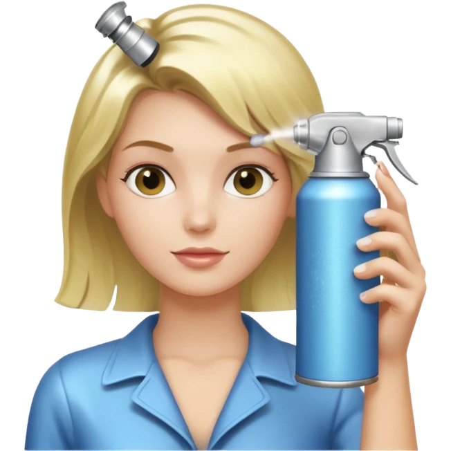 In her hand - a classic aerosol hairspray can (metallic cylinder, small spray nozzle on top). The can is spraying fine mist particles toward her hair, clearly visible as light translucent spray cloud. emoji