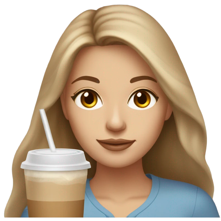 Beautiful white woman mom, long light brown hair, brown eyes, cozy holding an iced coffee emoji