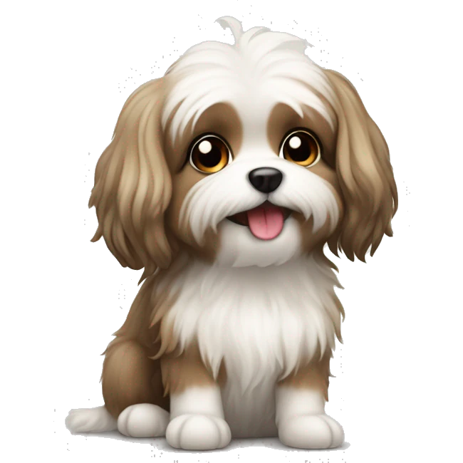 The image shows a cute illustration of a small fluffy dog ​​. Maltipu . sitting on her paws emoji