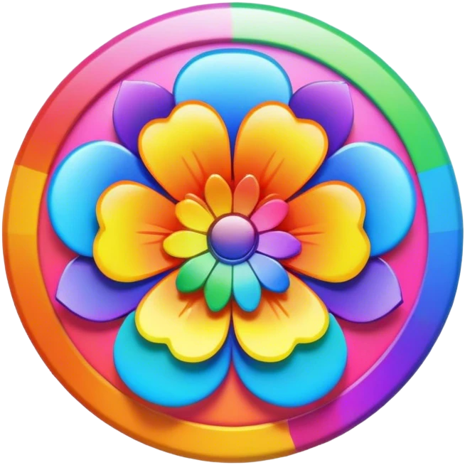 A round psychedelic colored button with bezeled edges and a rainbow colored flower in the center emoji