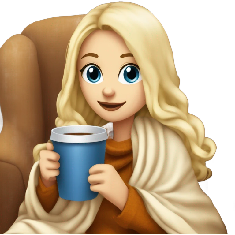 Blonde hair blue eyed white girl covered in blanket autumn vibe sitting on a cozy chair holding coffee emoji