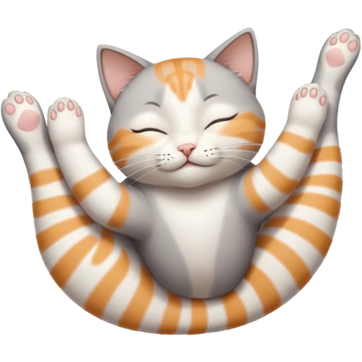 grey and white small cat with eyes closed lying down upside down with paws stretched out straight in different directions emoji