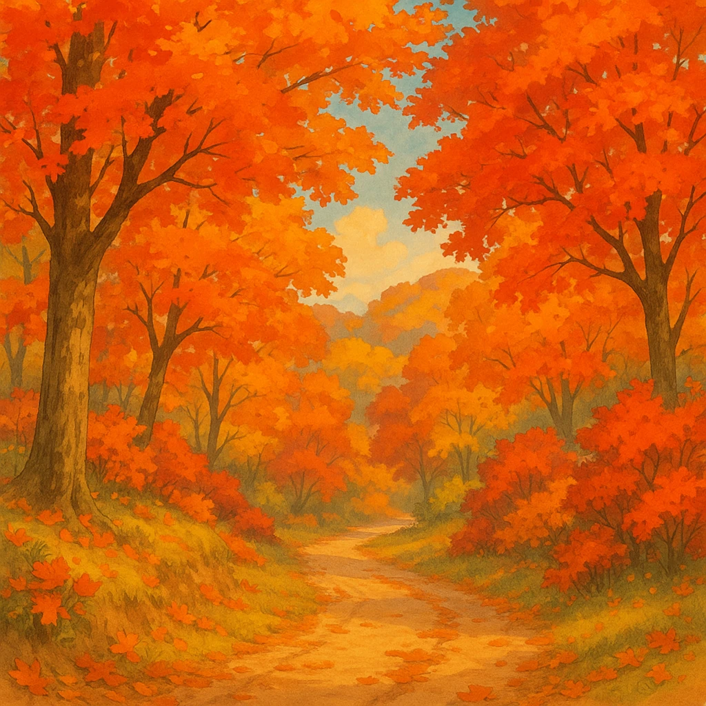 fall season scene with colorful autumn leaves, cozy atmosphere, ghibli style emoji