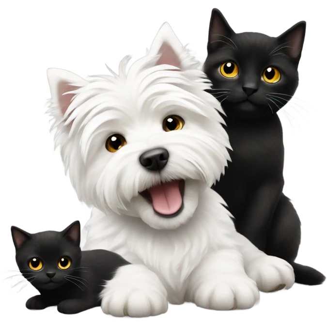 White West highland terrier playing with a black cat emoji