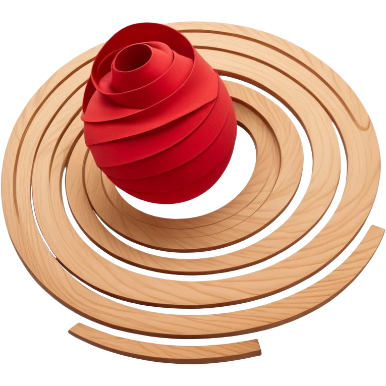 Floating abstract layers of wood grain, red fabric, and sketched lines suspended in motion, gently orbiting a glowing red core of creative intent. emoji