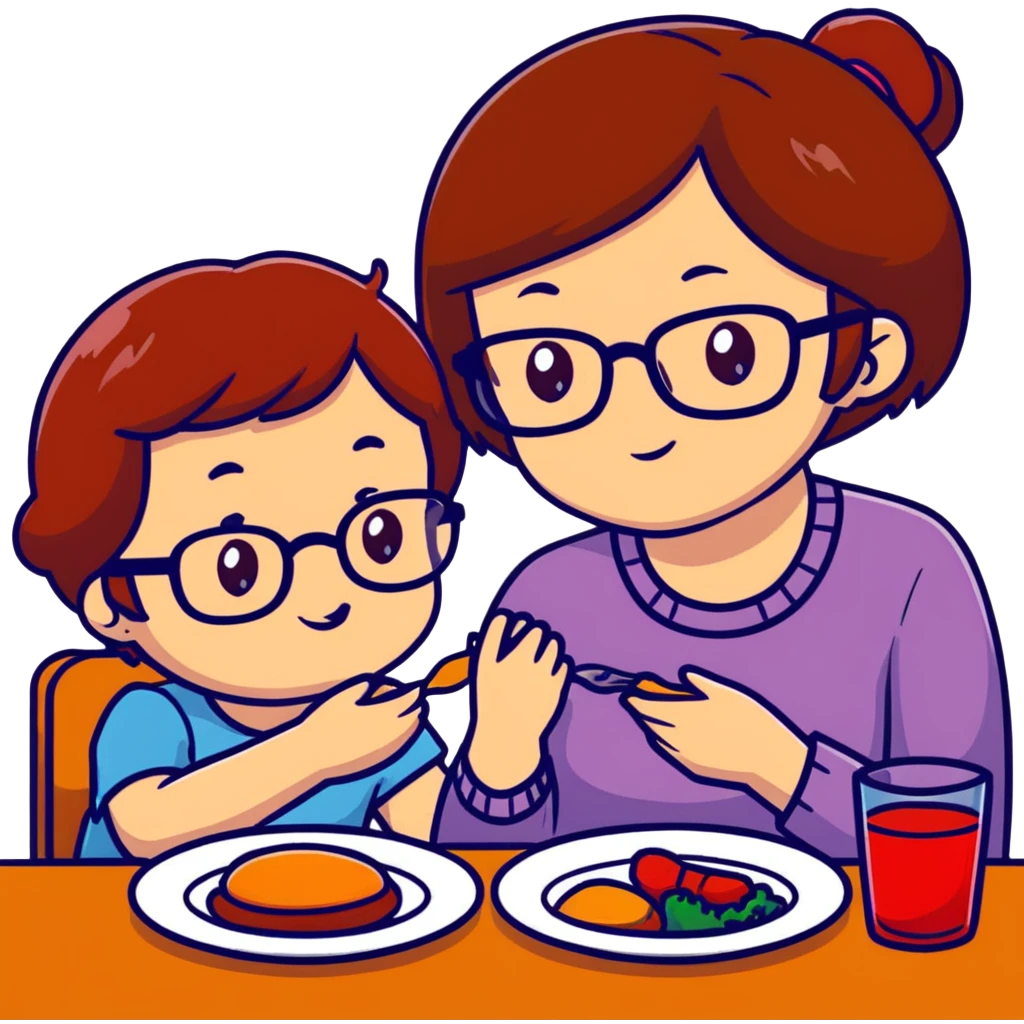 Braunhaariges Mädchen hellhäutig braune Augen, sitzend am Tisch mit Mama Rote kurze Haare und Brille und braune Augen am Essen  emoji