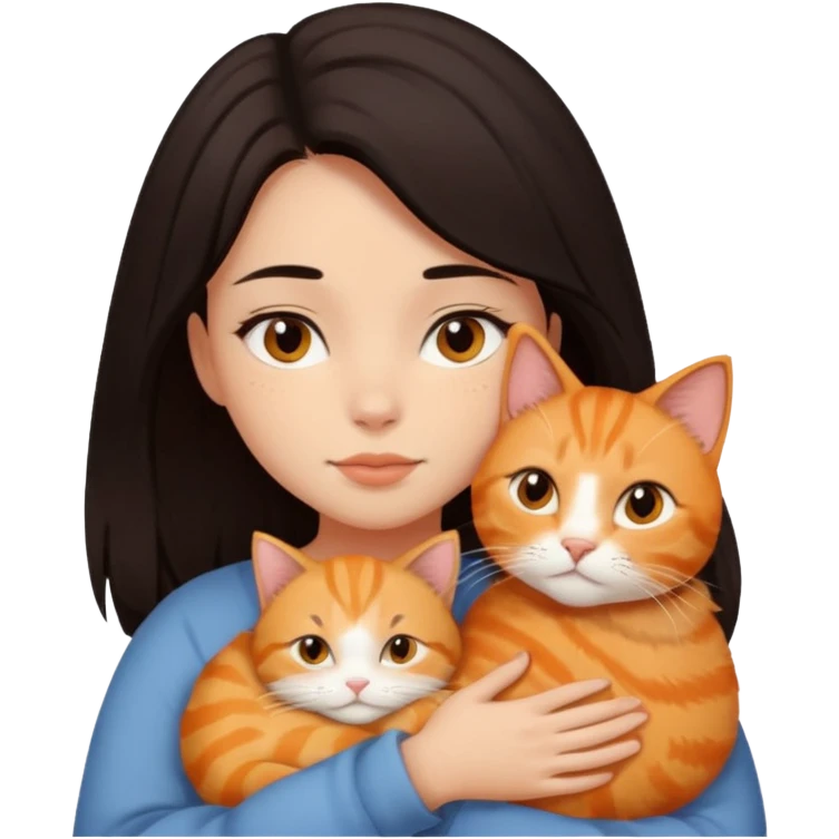 dark-black-brown-hair-to-shoulder girl with brown eyes snuggled with orange tabby cat emoji
