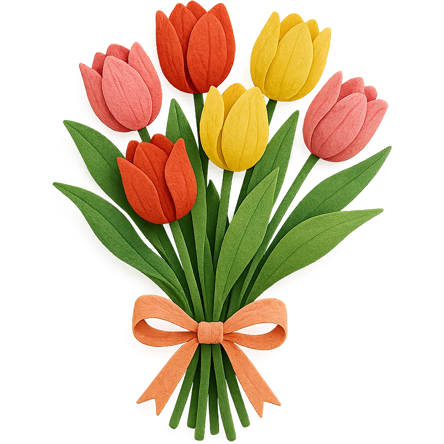 very detailed bouquet of tulips, intricate cut paper textures, vibrant colors, realistic petals and leaves, tied with a ribbon emoji