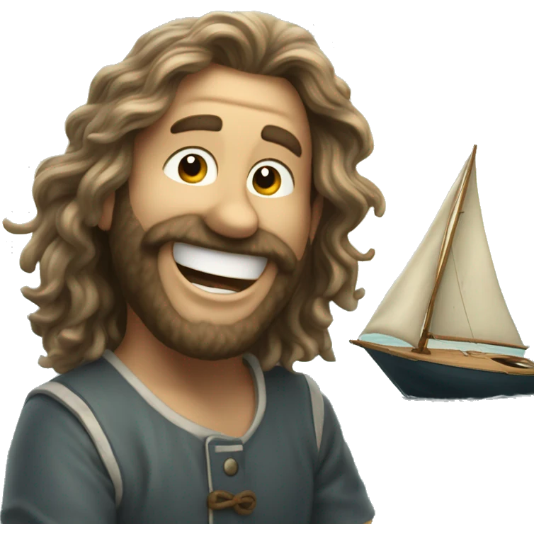 Long haired laughing man sailing SCAMP sailboat  emoji
