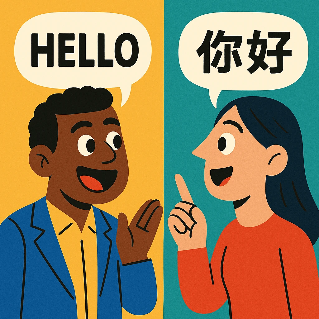 two cartoon people talking, one with English text, one with Chinese text in their speech bubbles emoji