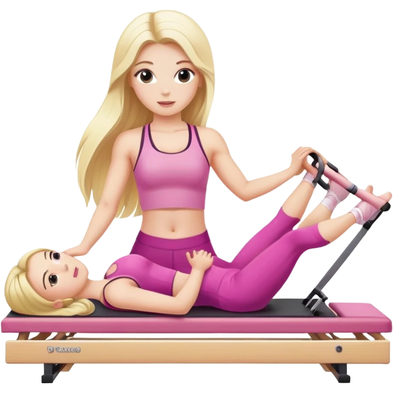 Pink Pilates princess, white skin, long blonde hair, in a Pilates table work emoji