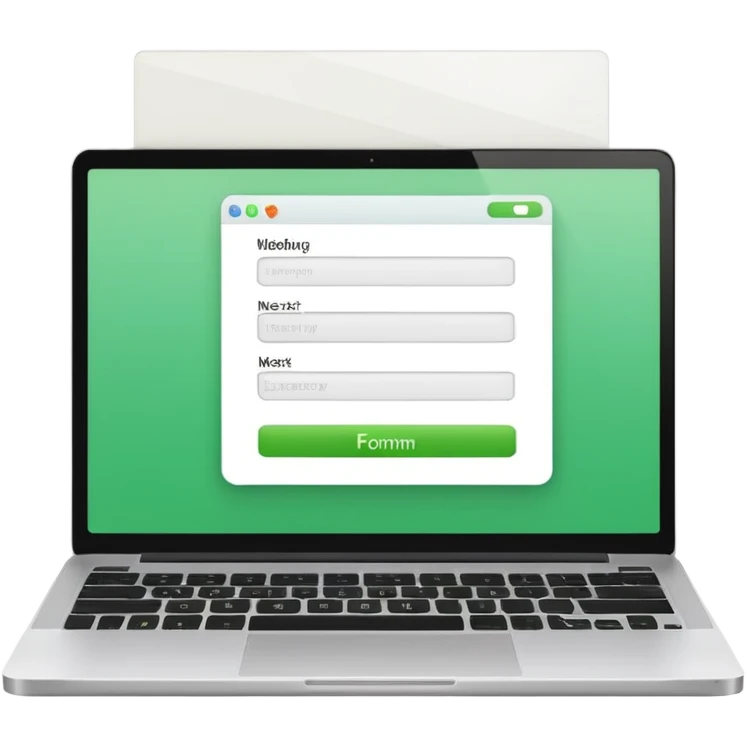 A emoji-style illustration of a laptop front facing with its screen showing onboarding form. On the screen, display a small white form card with a few simplified input fields. Add a bright green 'Next' button at the bottom of the card. emoji