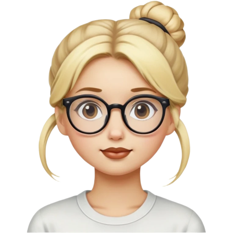 a girl that has blond hair in a bun and she wears glasses and she has a beauty mark on the upper right side of her mouth emoji