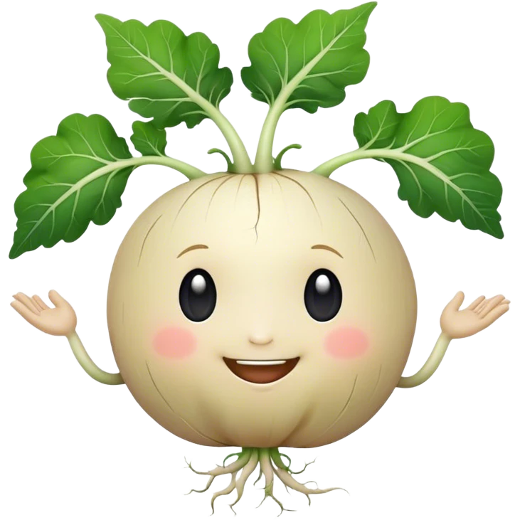 white turnip with cute smiling baby-like face and leafy stalk and cute spindly roots for hands emoji