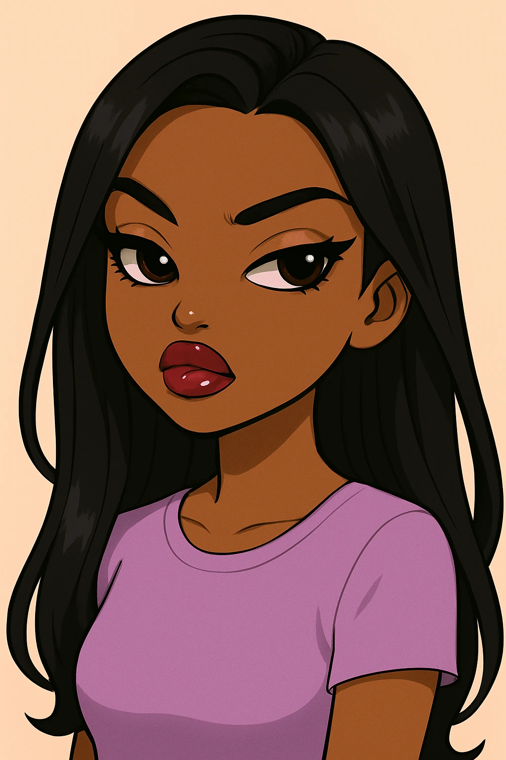 Change her outfit to a more casual style, headshot only, 20-year-old anime Bratz style woman with dark skin, straight hair, big expressive eyes, glossy lips, no hat, no tears, confident and aloof expression, snooty attitude, nose turned up. Maintain the anime Bratz style and the described facial features and expression. emoji