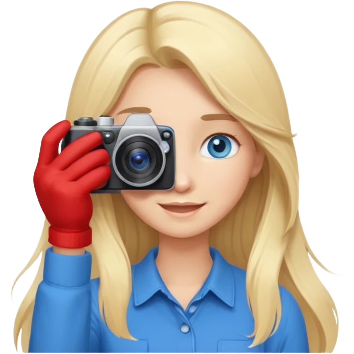  blue eyes blonde girl photographer cartoon taking picture in middle of taking picture camera in front of face long hair smiling funny flash professiona emoji