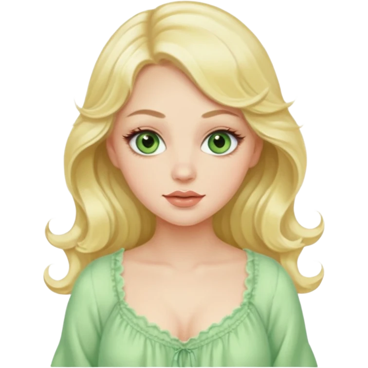 beautiful pale blonde woman green eyes with long eyelashes wavy hair plump lips wearing a pastel yellow babydoll nightgown emoji