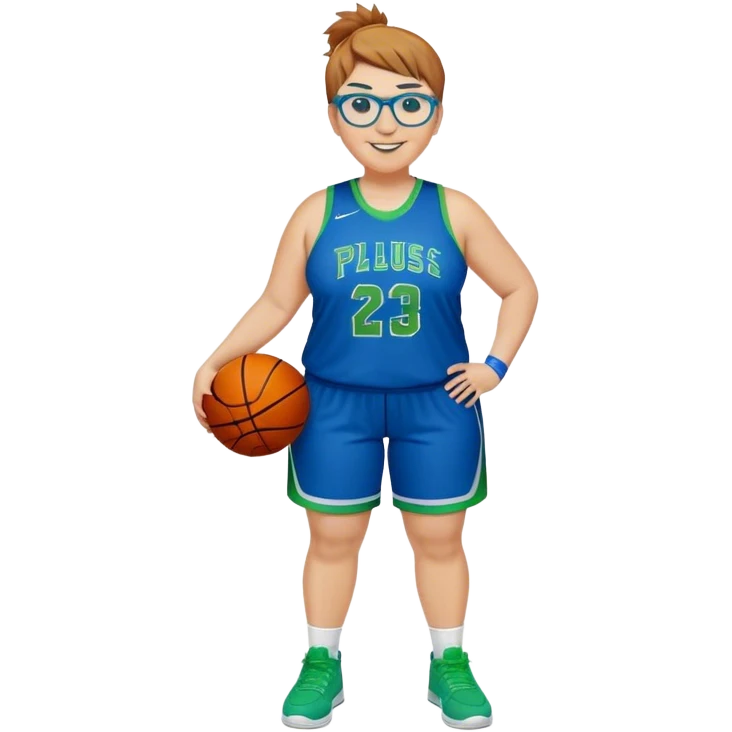 Full Body plus size white female basketball player with short light brown hair with carmel highlights spike hair wearing blue glasses 
 wide nose wearing blue green uniform  green sneakers smiling  emoji