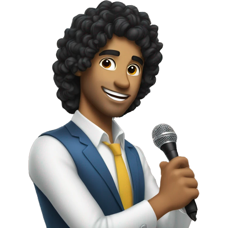 A male game show host with shoulder-length curly black hair and tanned skin holding a microphone emoji