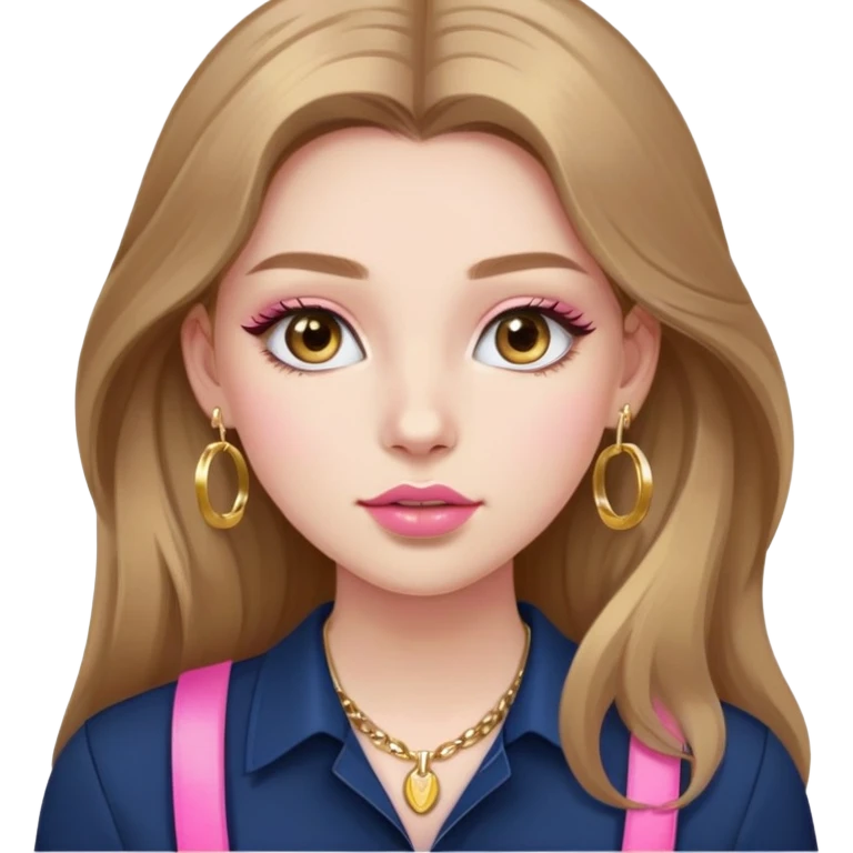 make a girl with long light brown hair who’s white and lashes and pink lips and mascara and highlighter and blush and a gold hoops and a necklace preferably gold and a navy shirt emoji