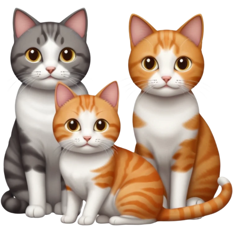 3 different coloured short haired cats including; a dark brown tabby and white cat, and a dark grey and white and a ginger and white emoji