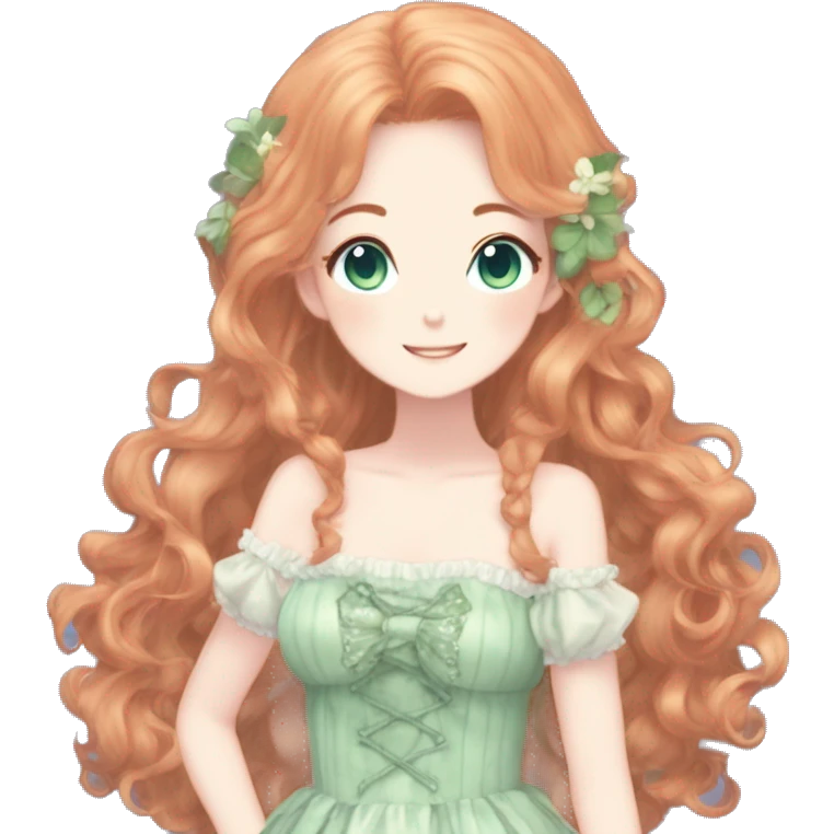 gorgeous pretty attractive anime lady beautiful hair with gorgeous dress fairycore cottagecore pastelcore detailed high quality trending VOGUE aesthetic full body ginger hair blue green eyes emoji
