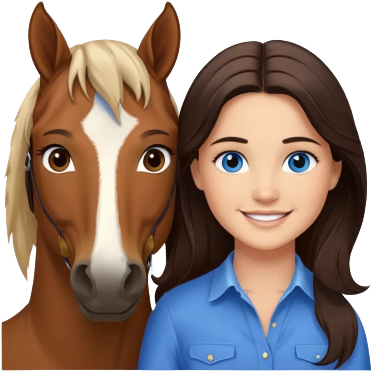 Smiling blue eyed trevor donovan with smiling danica mckellan with brown eyes and brown horse emoji