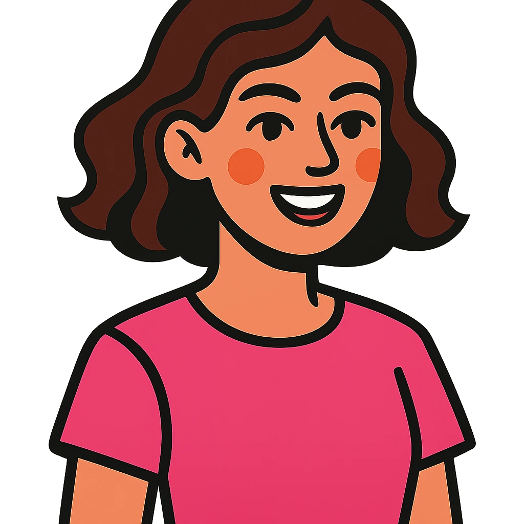 young brunette woman with short wavy hair to shoulders, wearing a pink t-shirt emoji