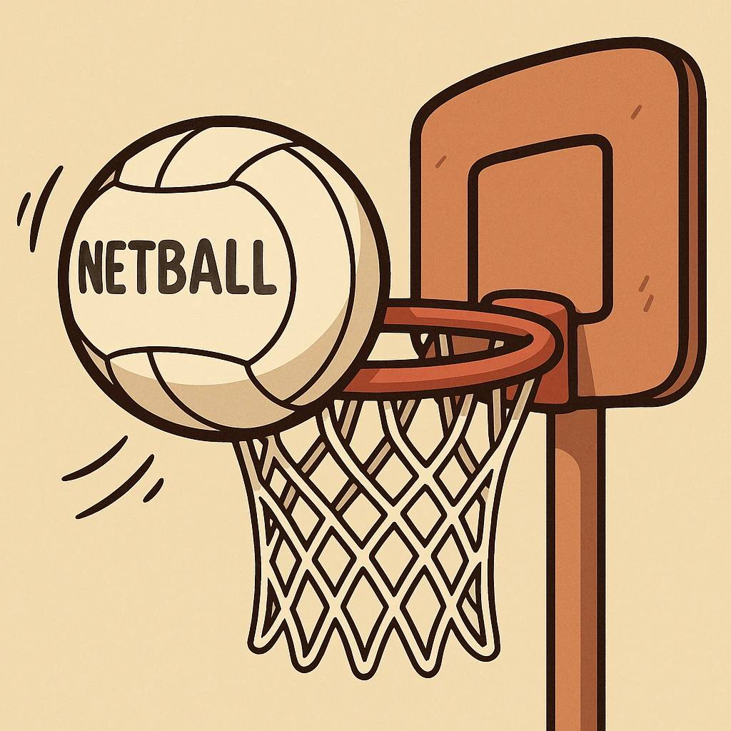 a netball going through a hoop, playful cartoon style emoji