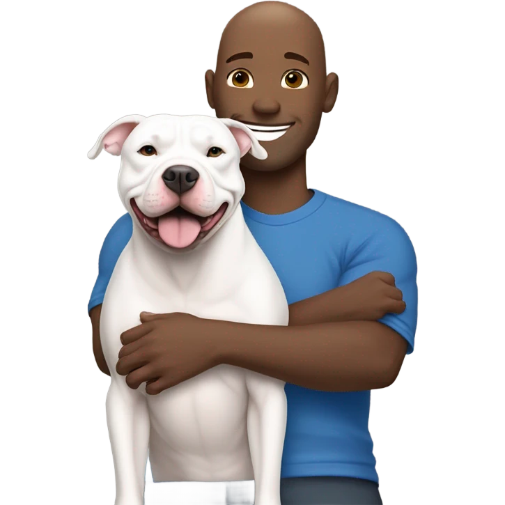 bald white man no beard with blue eyes and blue tshirt Hugging large gray smiling pit bull emoji