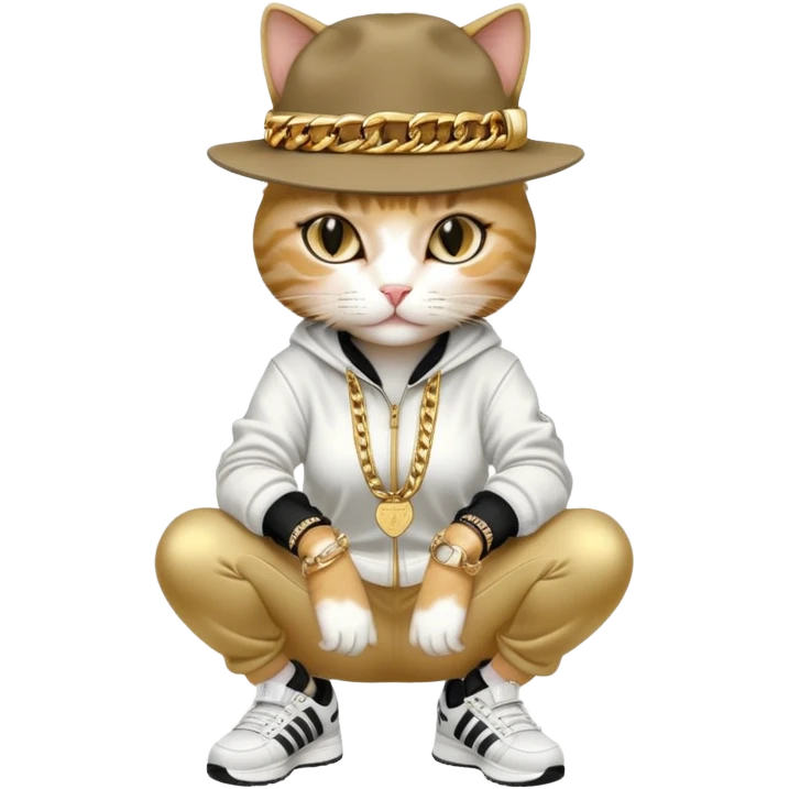 female cat dressed like Run DMC in tracksuit, fedora, Adidas shoes, lots of gold chains, rings, bracelets, earrings, whispering to a friend, no sunglasses emoji