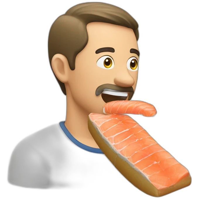 a man eating bread with a piece of raw salmon on it and dill on top emoji