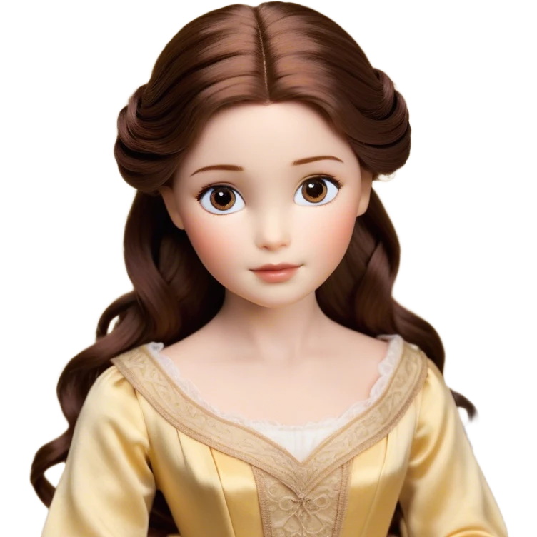 Cinematic Realistic Belle Portrait, depicted with lifelike skin texture, soft natural lighting, and intricately detailed brown hair styled elegantly. Her deep, expressive eyes exude warmth and intelligence, complemented by a serene and graceful expression. She is dressed in her classic attire, with rich fabric textures and delicate folds that catch the light beautifully. The portrait features a soft, enchanting glow with a natural, radiant finish, capturing the essence of timeless beauty in a realistic and painterly style, evoking a sense of depth and authenticity. emoji