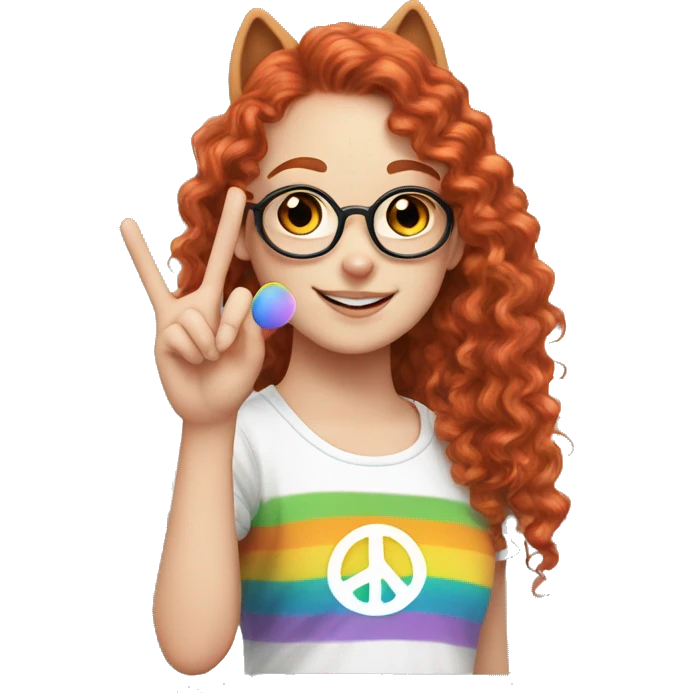a white girl with long red curly hair in a pony tail with rainbow shirt does peace sign wearing cat ears one black other white emoji