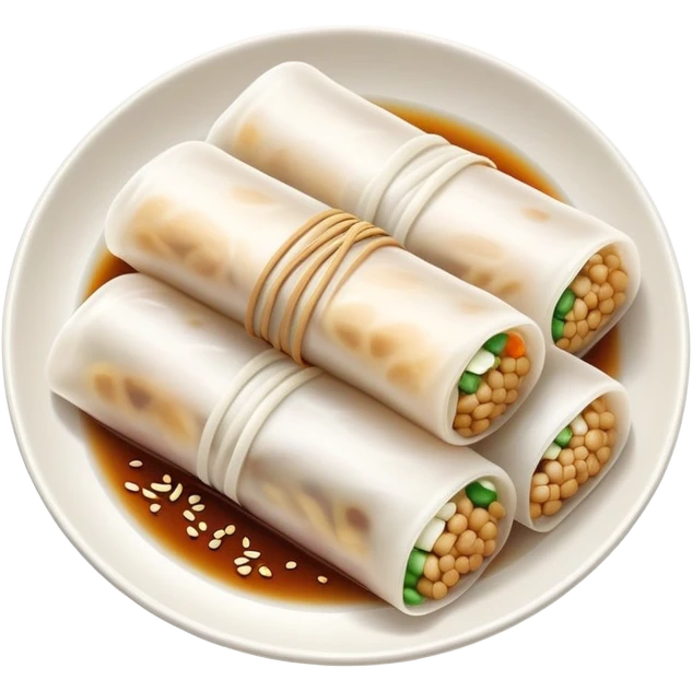 Cantonese rice noodle roll Cheung Fun with soy sauce and sesame seeds, simplified emoji style with bold outlines and bright colors, cartoon style translucent rolled rice sheets on plate emoji