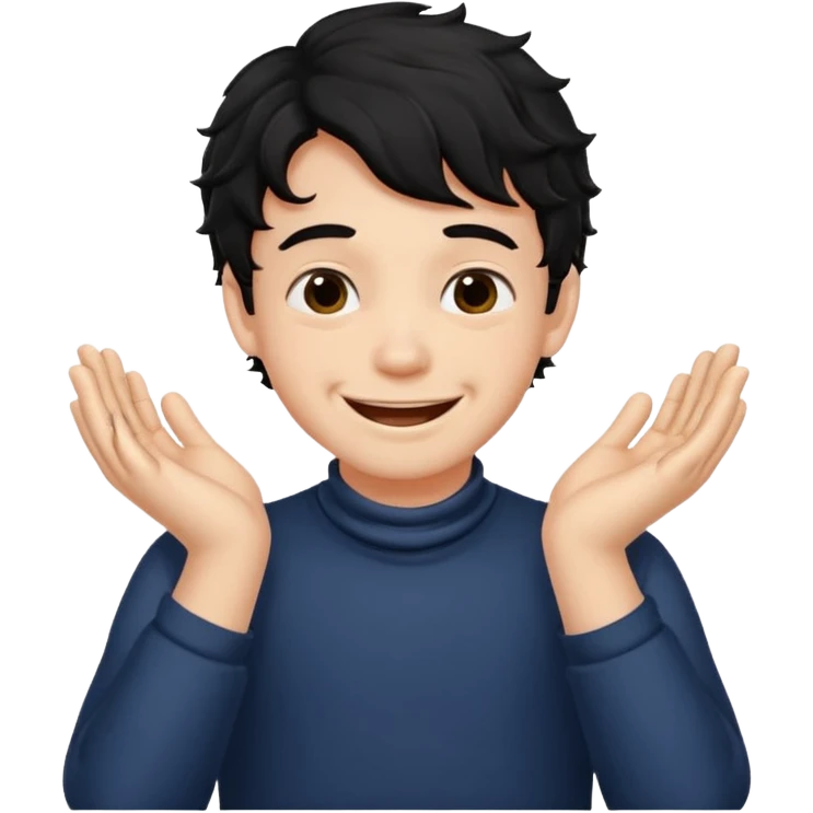 a boy with black wavy hair smiling very big but strangling his neck with his hands emoji
