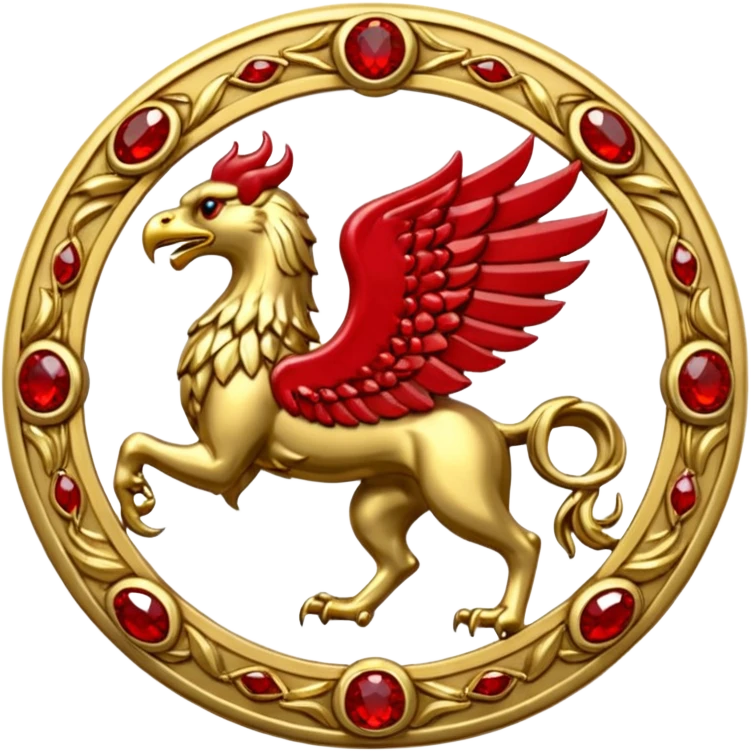 Golden griffin crest / brosch in a circle with red gems and no background emoji