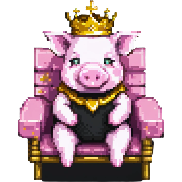 cartoon-like playful pixel art pig with a golden crown sitting on a throne, blocky and square like Minecraft, very few pixels, simple and charming emoji