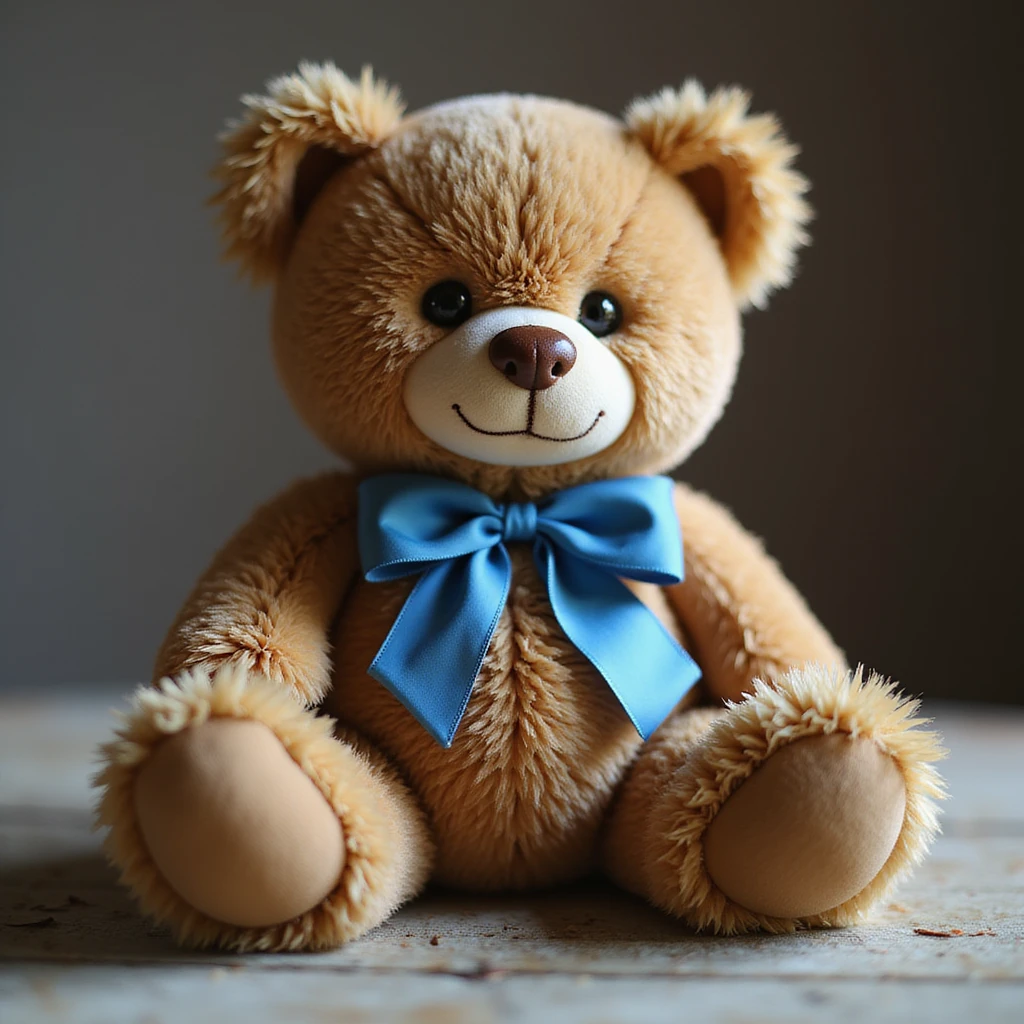 realistic teddy bear, soft lighting, photorealistic, with a blue ribbon, on white background emoji